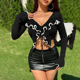 Black Long Sleeve Tie Up Ruffles Top