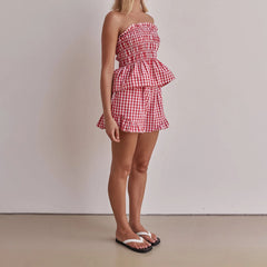 Red Plaid Smocked Babydoll Bandeau Top + Elastic Ruffled Hem Wide Leg Shorts Set