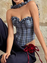 Blue Plaid Print Ruffled Edges Top