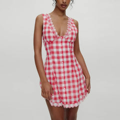 Red Checked V-neck Tank Mini Dress