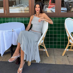 Knot One Shoulder Top And Ruched Midi Skirt Set