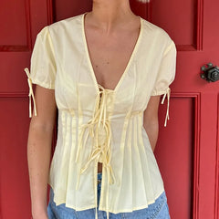 Short Sleeve Tie Up Pleated Waist Blouse