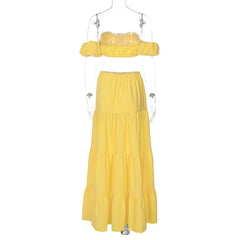 Flower Puff Sleeve Ruffles Crop Top And Maxi Skirt Set