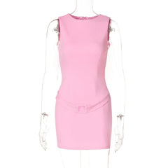 Solid Sleeveless Buckle Mini Dress