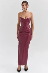 Burgundy Strapless PU Leather Maxi Dress