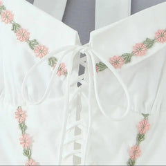 White Embroidery Flower Lapel Bow Halter Midi Dress