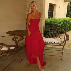 Red Ruffled Maxi Dress �Lace-Up Strappy Back