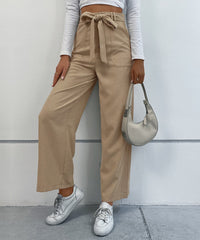 Solid Corduroy Belted Wide Leg Pants