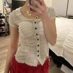 Sheer Polka Dot Button Up Blouse Top