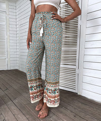 Floral Print Tassel Tie Wide Leg Pantsm