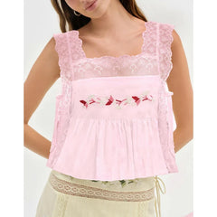 Lace Patchwork Square Neck Flower Embroidery Side Tied Top