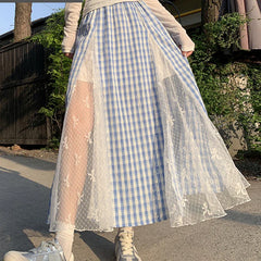 Lace Spliced Blue Plaid Long Skirt