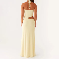 Cutout Solid Long Dress - Halter Neck A-Line