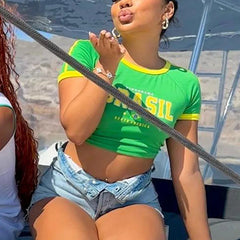 Green Brazil Flag Graphic Crop Top - Streetwear Regular Fit