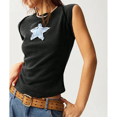 Round Neck Star Patch Tank Top - Cosmic Chic