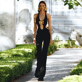 Black Cut Out Halter Golden Flower Jumpsuit
