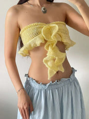 Yellow Crochet Ruffles Halter Crop Top