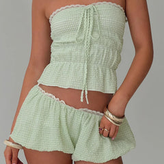 Green Bandeau Tube Top & Shorts Set - Casual Plaid