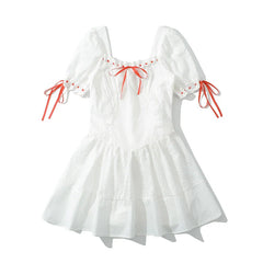 White Puff Sleeve Red Ribbon Lace Up Mini Dress