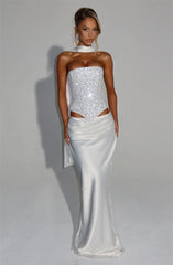 Sequins Scarf Collar Lace Up Corset Top And Satin Maxi Skirt