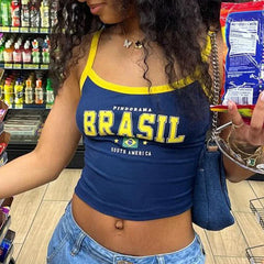 Blue Brasil Print Flag Cami Crop Top - Regular Fit