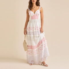 Whimsical Floral Patchwork Tiered Maxi Dress - Spaghetti Strap Summer Gown