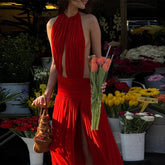 Red Halter Backless Split Deep Maxi Dress