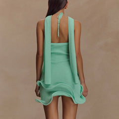 Knitted Halter Ruffle Trim Mini Dress
