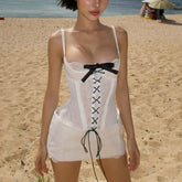 White Bow Lace Up Sheer Mini Dress