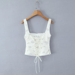 White Floral Print Corset Tank Top