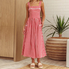 Gingham Strap Pocket Midi Dress