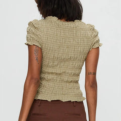 Smocked Short Sleeve Top - V-Neck Casual Tee