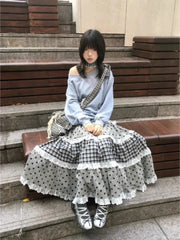 Black Plaid and Polka Dot Lace Patchwork Ruffles A-line Maxi Skirt - Casual Regular Fit