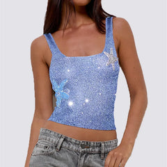 Star Patchwork Cropped Tank Top - Sequined Summer Style