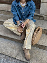 Metallic High Waist Denim Straight Leg Pants