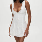White V-neck Doily Embroidery Mini Dress