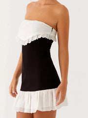 Black Strapless Patchwork Ruffle Hem Mini Dress - A-Line Fit