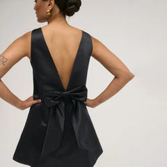 v-cut Backless Bow Satin Mini Dress