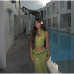 Green Sequin V-neck Halter Tie And Midi Skirt Set