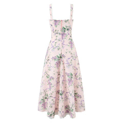 Pink Floral Print Bow Ruched Midi Dress