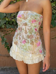 Floral Print Strapless Mesh Top - Vintage Knit Tank