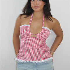 Plaid Halter Lace Trim Top