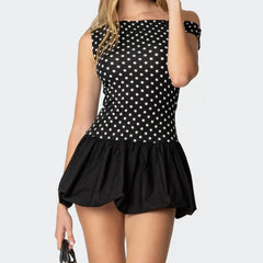 Black Off-shoulder Polka Dot Bubble Mini Dress