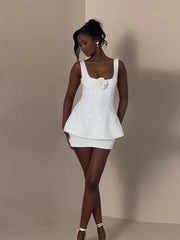 White Tweed Sequin 3D Flower Top And Mini Skirt Set