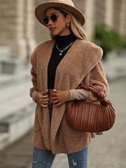 Solid Hooded Long Sleeve Teddy Jacket