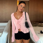 V-Neck Ruffled Long Sleeve Top