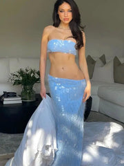 Blue Sequin Tube Top And Maxi Skirt