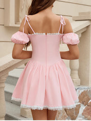 Pink Puff Sleeve Short Lace Trim Mini Dress