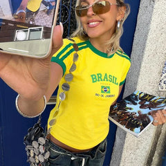 Brazil Flag Graphic Short Sleeve Crop Top - High Street Slim Fit