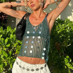 Green Knit Sequin Top - Y2K Tank